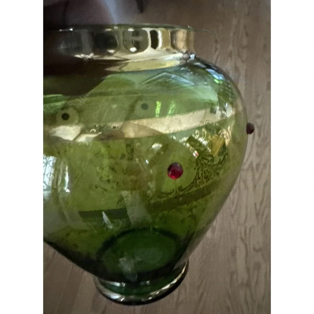 Antique Bohemian Green Glass Vase Gold‎ Gilt & Red Cabochon Jeweled Art Glass 8